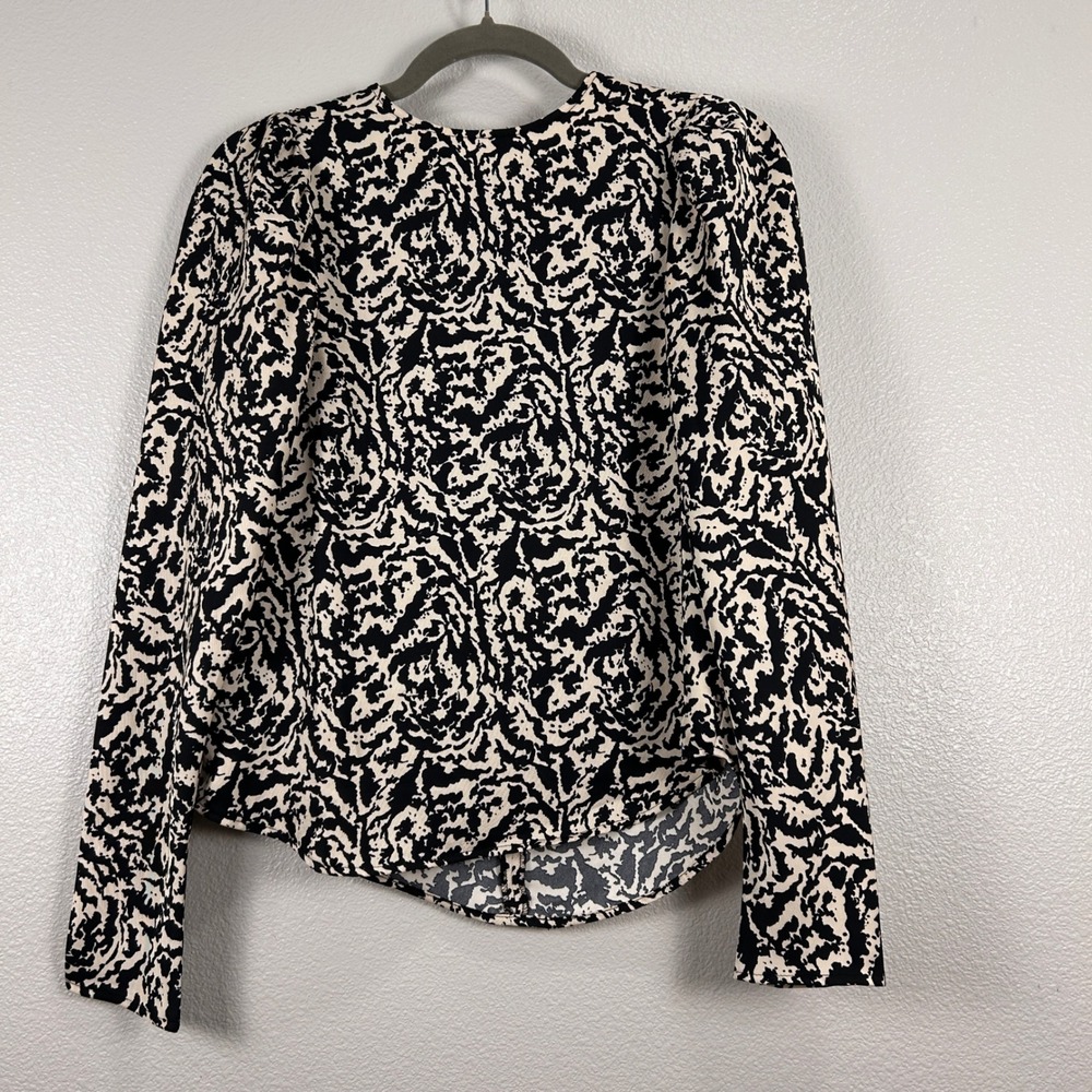 H&M Black Cream Abstract Swirl Puff Shoulder Long Sleeve Blouse  Womens XS